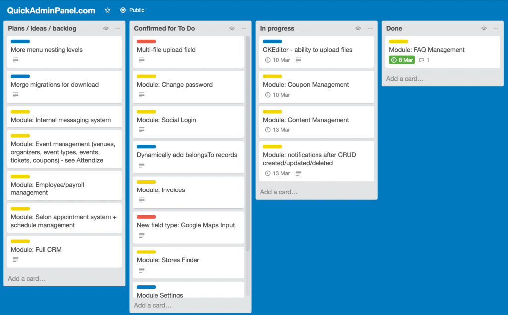 quick admin panel laravel - trello board