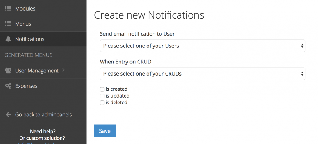 quick admin panel notifications