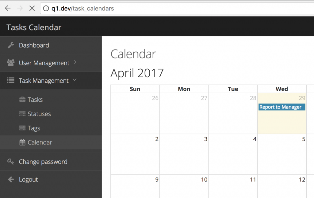 quick admin panel calendar